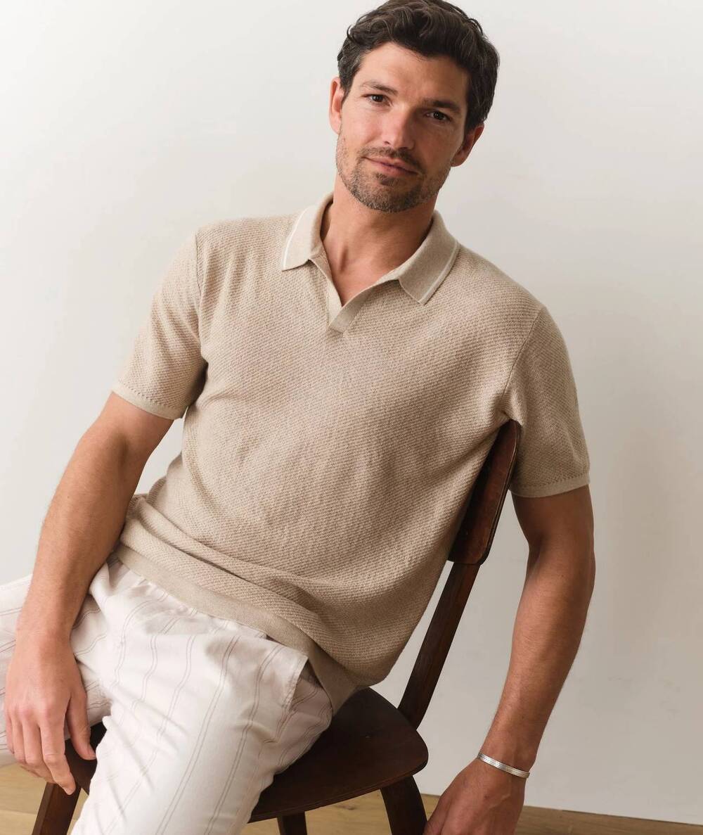 NEW MARINE LAYER greyson sweater polo in taupe